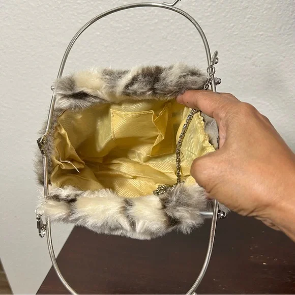 Adorable Faux Fur Mini Handbag Purse Asymmetrical Handle Silver Hardware Clean - Picture 9 of 15